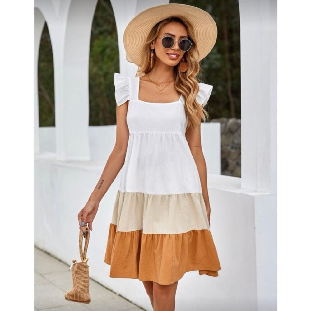 Shein Colorblock Orange White Ruffle Strap Tiered Mini Women’s Dress Small EUC